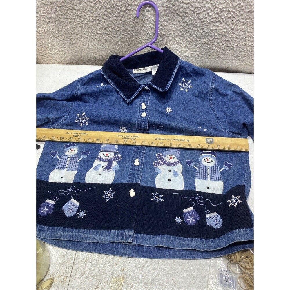 Dressbarn Christmas Snowman Button Down Denim Shirt WMNS L Blue Embroidered - Picture 12 of 13